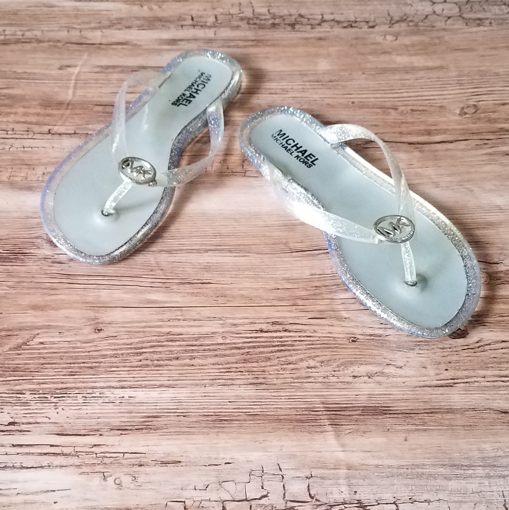 Michael Kors Silver Glitter Jelly Flip Flops